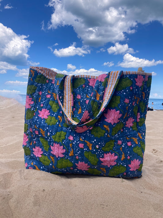 Waterlily Navy Tote Bag